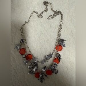 Silver and Red Leaf Necklace